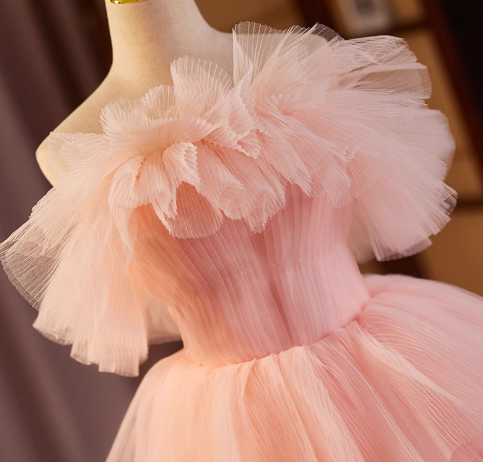 Gorgeous Strapless A-Line Tiered Sweet 16th Gowns Pink Tulle Prom Dress AP5115