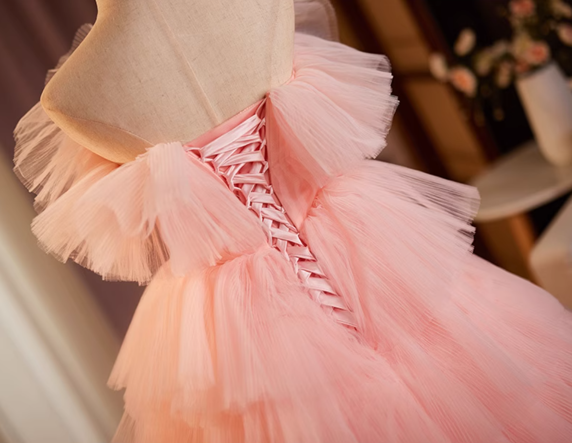 Gorgeous Strapless A-Line Tiered Sweet 16th Gowns Pink Tulle Prom Dress AP5115