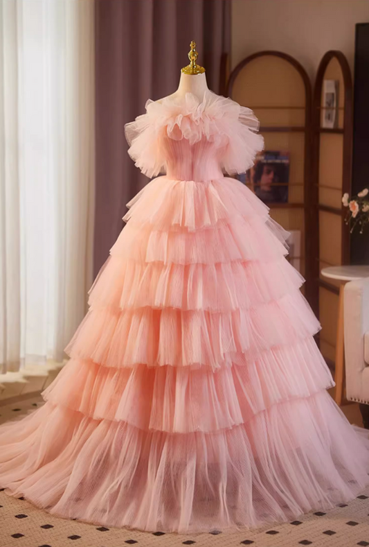 Gorgeous Strapless A-Line Tiered Sweet 16th Gowns Pink Tulle Prom Dress AP5115