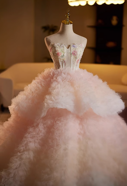 Glam Strapless A-Line Ruffles Tulle Sweet 16th Gowns Beads Appliques Sequins Tiered Prom Dress AP5116