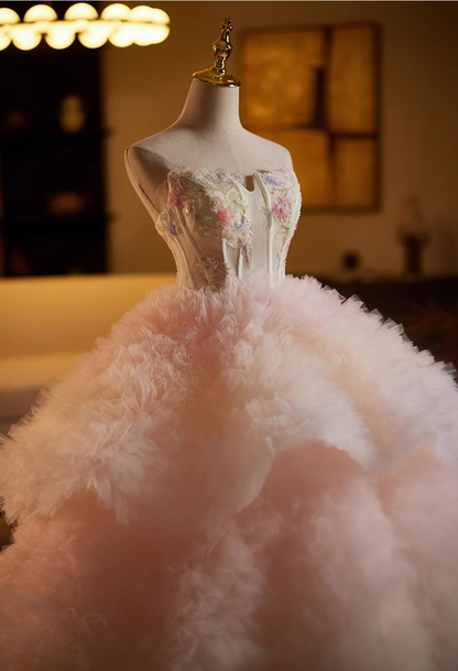 Glam Strapless A-Line Ruffles Tulle Sweet 16th Gowns Beads Appliques Sequins Tiered Prom Dress AP5116