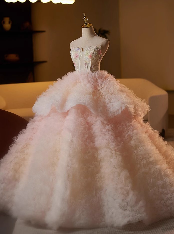 Glam Strapless A-Line Ruffles Tulle Sweet 16th Gowns Beads Appliques Sequins Tiered Prom Dress AP5116