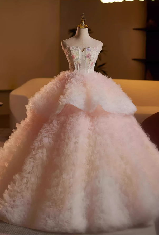 Glam Strapless A-Line Ruffles Tulle Sweet 16th Gowns Beads Appliques Sequins Tiered Prom Dress AP5116