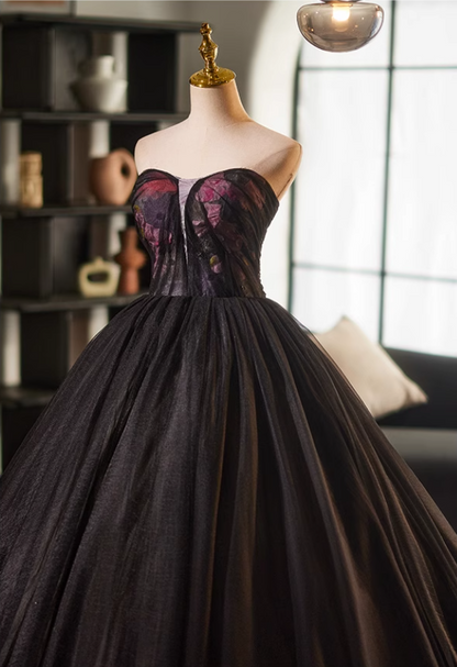 Glamorous Strapless A-Line Floral Sweet 16th Gowns Black Tulle Prom Dress AP5117