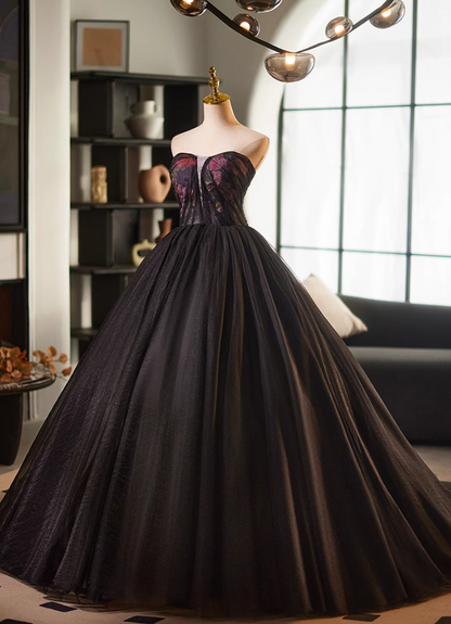 Glamorous Strapless A-Line Floral Sweet 16th Gowns Black Tulle Prom Dress AP5117