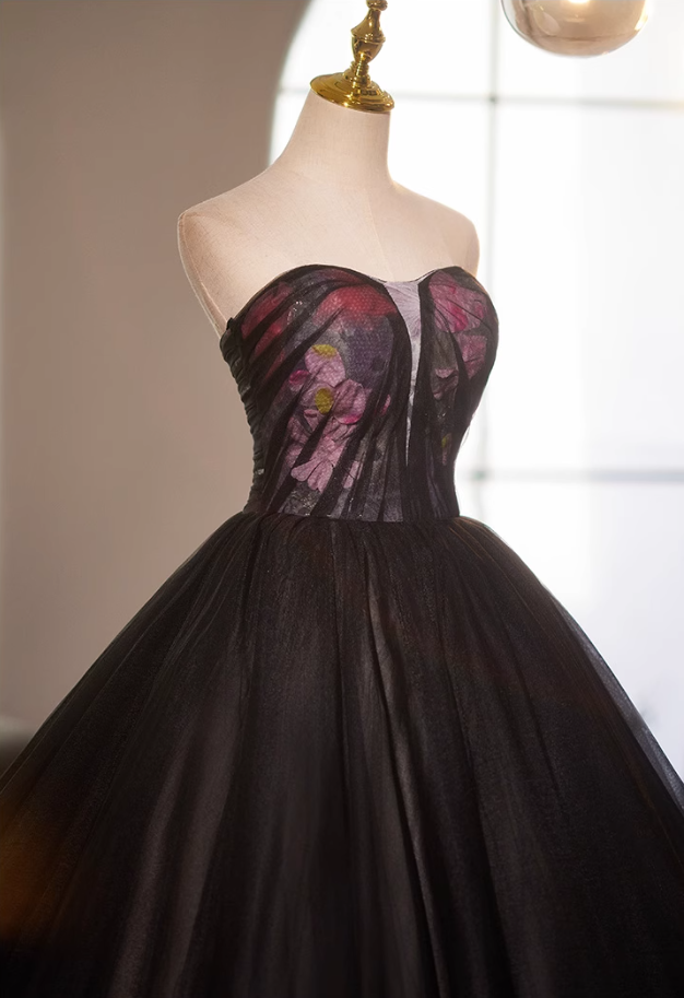 Glamorous Strapless A-Line Floral Sweet 16th Gowns Black Tulle Prom Dress AP5117