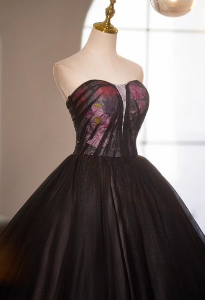 Glamorous Strapless A-Line Floral Sweet 16th Gowns Black Tulle Prom Dress AP5117