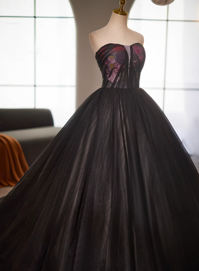 Glamorous Strapless A-Line Floral Sweet 16th Gowns Black Tulle Prom Dress AP5117