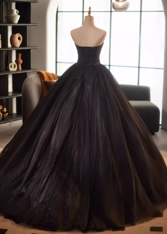 Glamorous Strapless A-Line Floral Sweet 16th Gowns Black Tulle Prom Dress AP5117