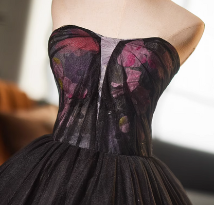 Glamorous Strapless A-Line Floral Sweet 16th Gowns Black Tulle Prom Dress AP5117