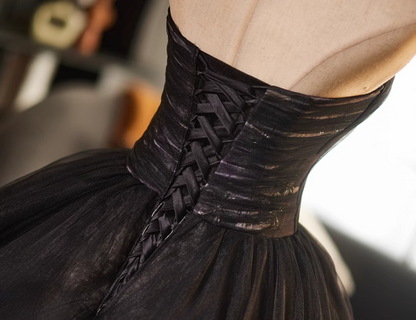 Glamorous Strapless A-Line Floral Sweet 16th Gowns Black Tulle Prom Dress AP5117