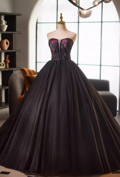 Glamorous Strapless A-Line Floral Sweet 16th Gowns Black Tulle Prom Dress AP5117