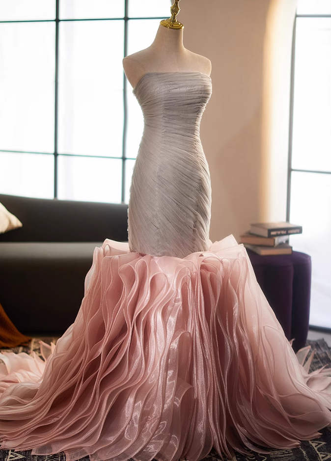 Dramatic Strapless Evening Mermaid Dress Ruffles Tulle Prom Dress AP5118