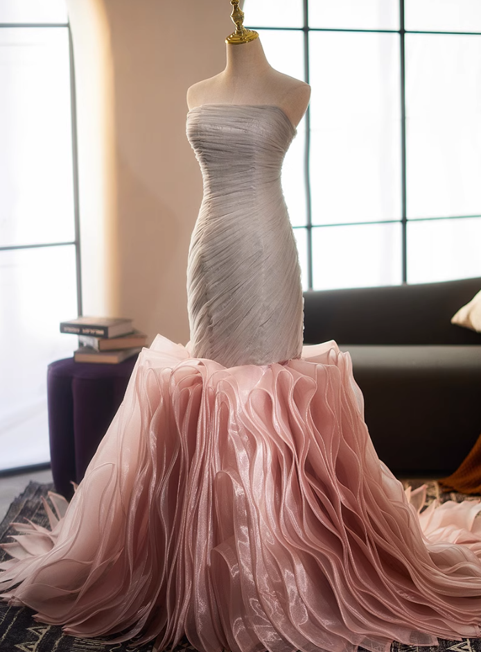 Dramatic Strapless Evening Mermaid Dress Ruffles Tulle Prom Dress AP5118