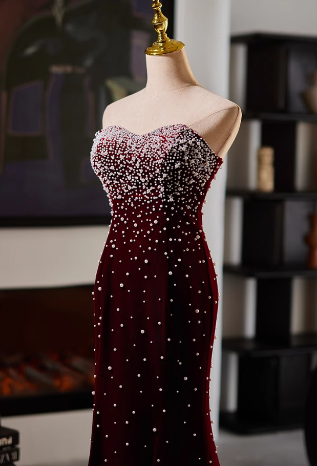 Stunning Strapless Evening Mermaid Dress Beads Red Prom Dress AP5119