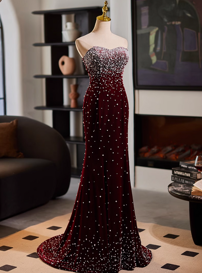 Stunning Strapless Evening Mermaid Dress Beads Red Prom Dress AP5119