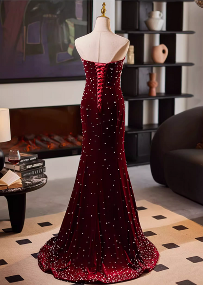 Stunning Strapless Evening Mermaid Dress Beads Red Prom Dress AP5119