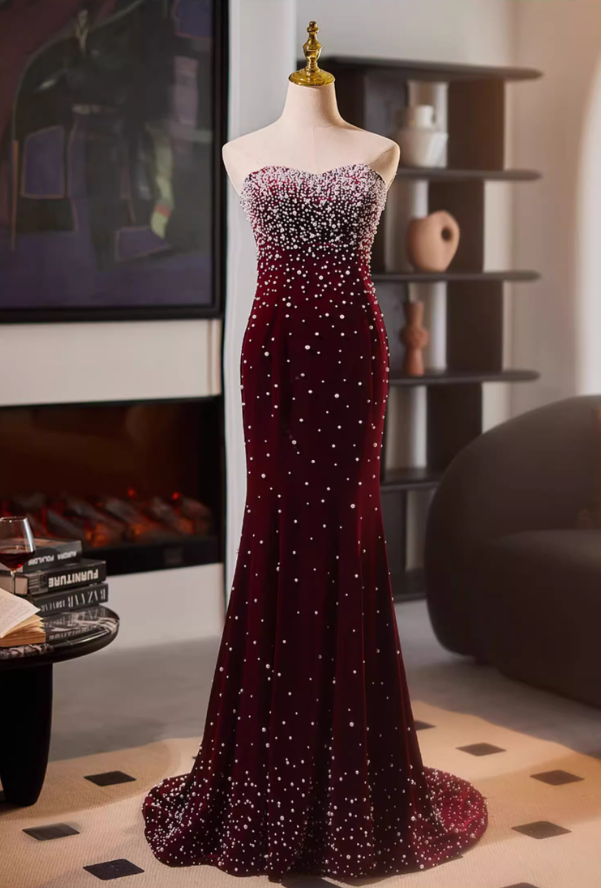 Stunning Strapless Evening Mermaid Dress Beads Red Prom Dress AP5119