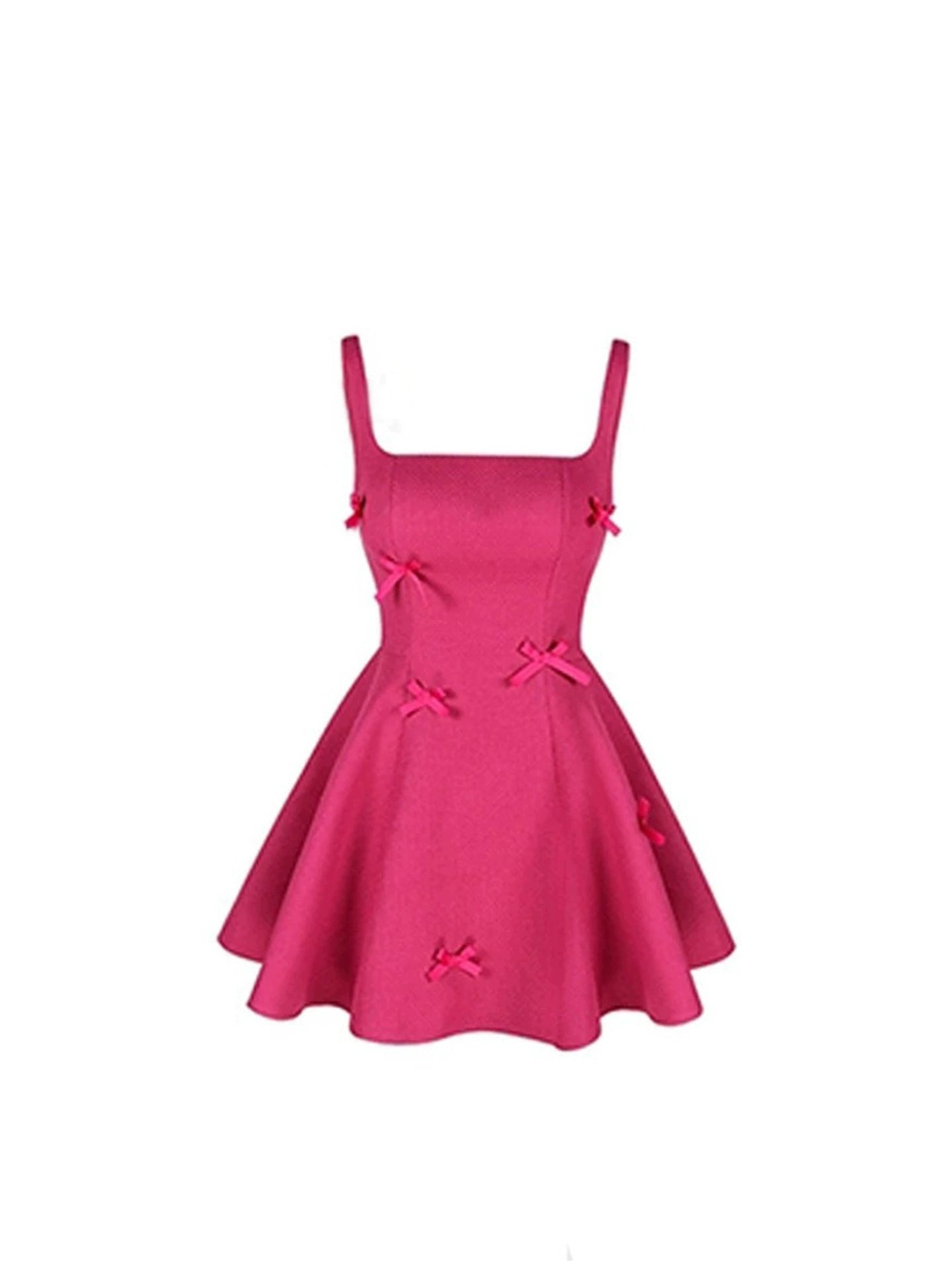Unique Hot Pink Square Neck Spaghetti Strap Mini Skirt Trendy 3D Bow Accents Cinched Waist A-Line Short Dress AP5121