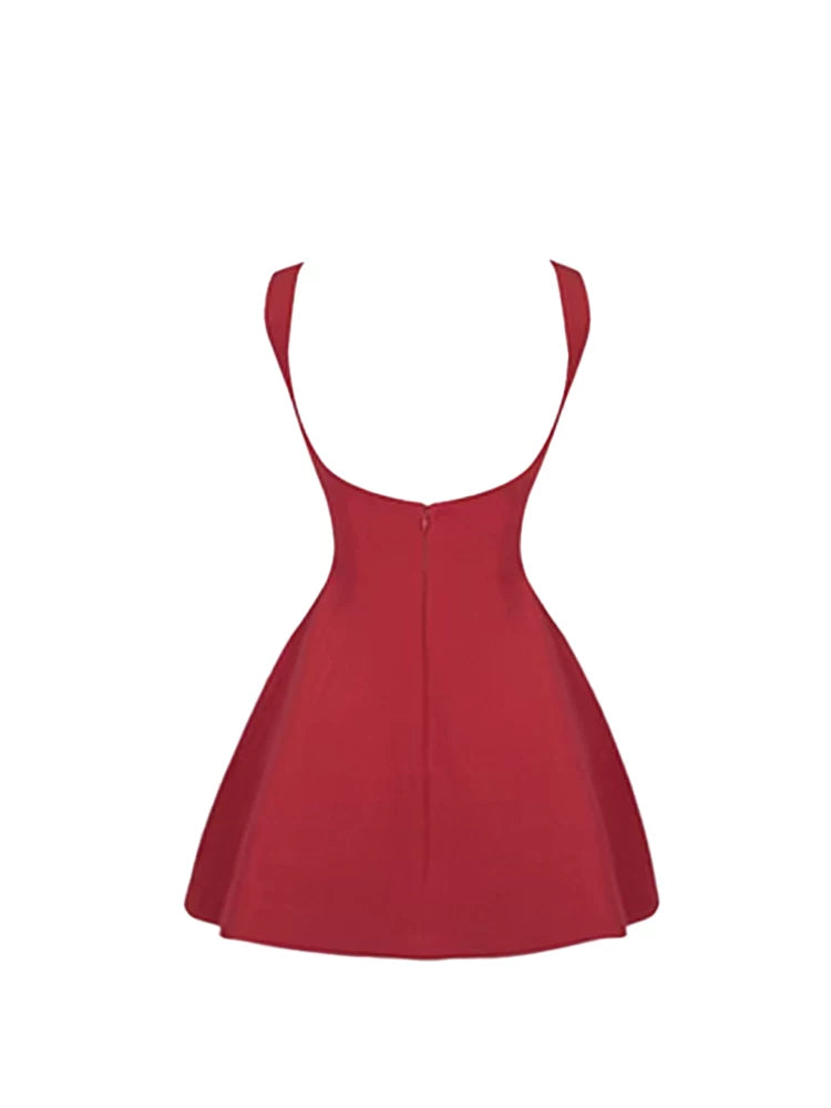 Vibrant Cinched Waist Fit A-Line Flared Mini Skirt Sleek Red Sleeveless Crew Neck Short Dress AP5122
