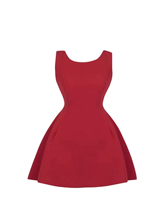 Vibrant Cinched Waist Fit A-Line Flared Mini Skirt Sleek Red Sleeveless Crew Neck Short Dress AP5122