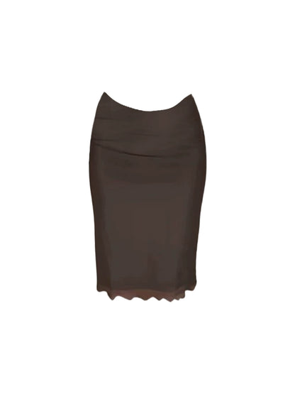 French Style 2-Piece Dark Brown High-Waisted Scalloped Pencil Midi Dress Sleek Beige Polka Dot Spaghetti Strap Corset Top Sheath Long Dress AP5124