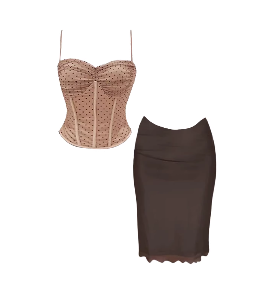 French Style 2-Piece Dark Brown High-Waisted Scalloped Pencil Midi Dress Sleek Beige Polka Dot Spaghetti Strap Corset Top Sheath Long Dress AP5124