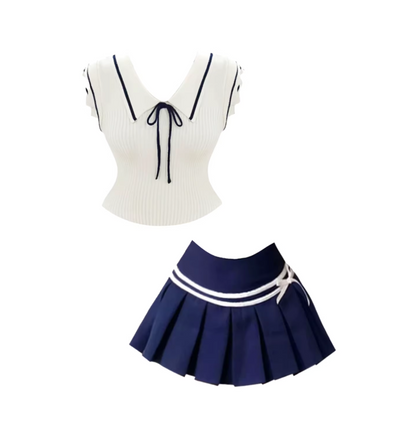 Minimalist Bow Accents 2-Piece A-Line Navy Pleated Mini Skirt White Sleeveless Sailor-Collar Knit Top Short Dress AP5125