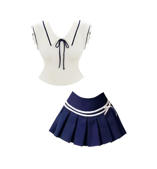 Minimalist Bow Accents 2-Piece A-Line Navy Pleated Mini Skirt White Sleeveless Sailor-Collar Knit Top Short Dress AP5125