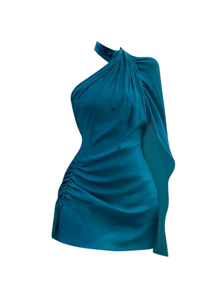 Simple Teal One-Shoulder Sheath Date Nights Mini Skirt Ruched Detail Short Dress AP5126