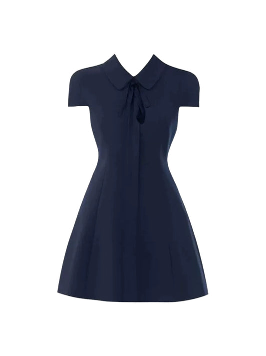 Charming Navy Blue Lapel Collar Mini Skirt Chic Tie Detail Short Sleeves A-Line Short Dress AP5127