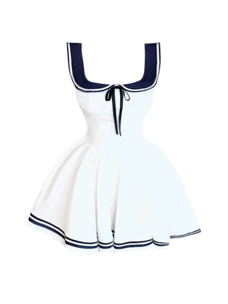 Dopamine Style Date Nights Square Neck Spaghetti Strap Mini Skirt Sleek Navy Collared Cutout Sleeveless A-Line Short Dress AP5128