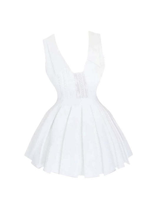 Flowy White Sleeveless Deep V Neck A-Line Mini Skirt Trendy Lace Detail Cinched Waist Short Dress AP5129