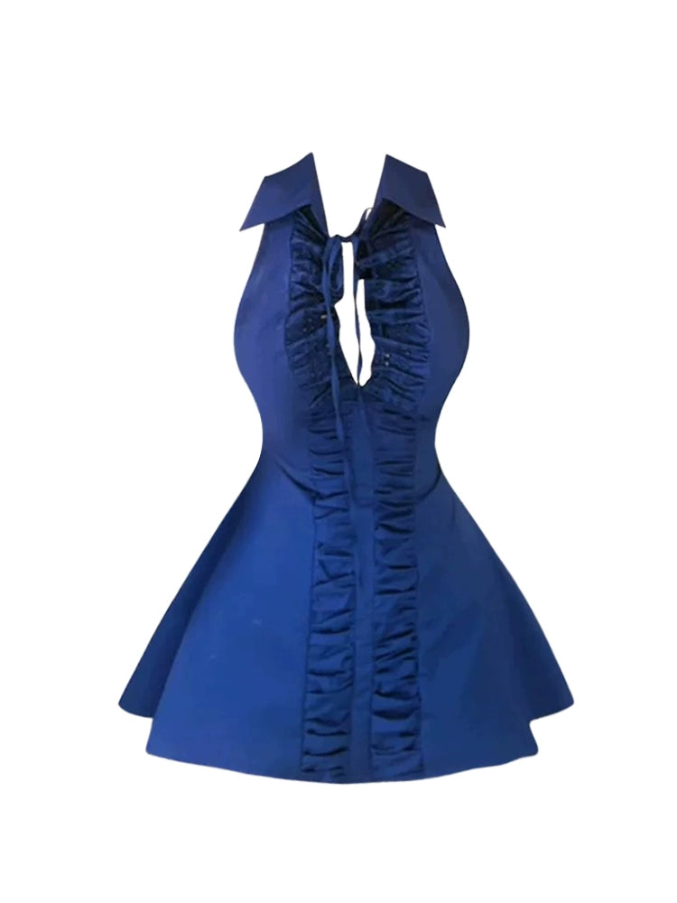 Adorable Ruched Front Cinched Waist A-Line Mini Skirt Elegant Navy Ruffles Lapel Neck Short Dress AP5130