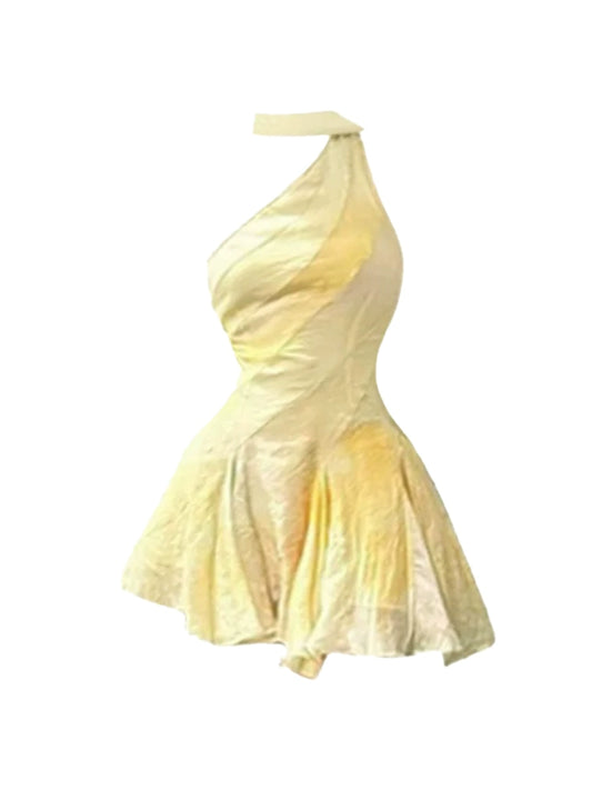 Trendy Asymmetrical Neckline Sleek Fit A-Line Mini Skirt Chic Gradient Yellow Short Dress AP5135