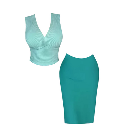 Attractive Mint Green V-Neck 2-Piece Midi Dress Elegant Sleeveless Knit Top Teal Bodycon Long Dress AP5136