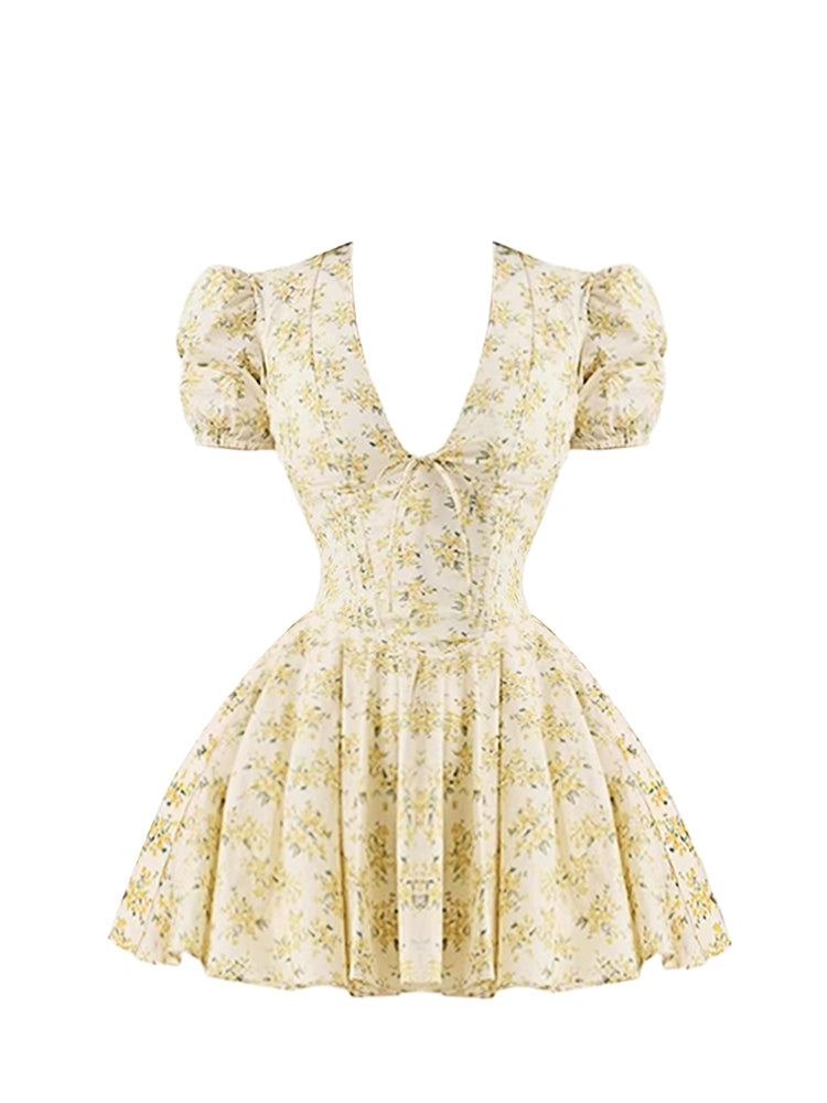 Sexy Pale Yellow Floral Deep V Neck Mini Skirt Trendy Bow Accent Puff Short Sleeves A-Line Short Dress AP5137