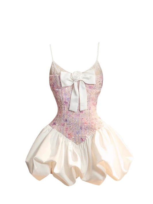 Glittering A-Line Fitted Corset Large White Bow Mini Skirt Trendy Pastel Pink-Purple Sequined Spaghetti Strap Short Dress AP5139