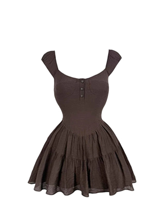 Modern A-Line Button Detail Cinched Waist Tiered Mini Skirt Trendy Dark Brown Square Neck Sleeveless Short Dress AP5140