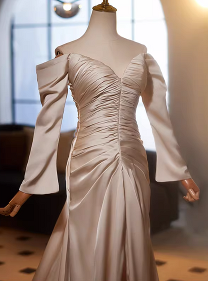 Pretty Off-Shoulder Sheath High-Slit Evening Gowns Long Sleeve Pleated Satin Prom Dress AP5142