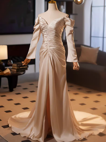 Pretty Off-Shoulder Sheath High-Slit Evening Gowns Long Sleeve Pleated Satin Prom Dress AP5142