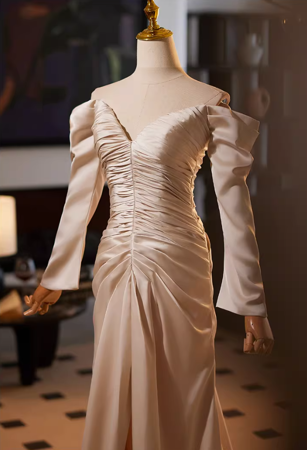 Pretty Off-Shoulder Sheath High-Slit Evening Gowns Long Sleeve Pleated Satin Prom Dress AP5142