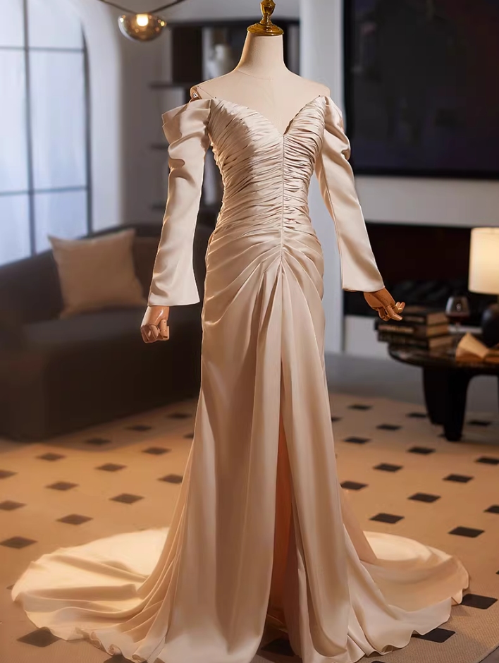 Pretty Off-Shoulder Sheath High-Slit Evening Gowns Long Sleeve Pleated Satin Prom Dress AP5142