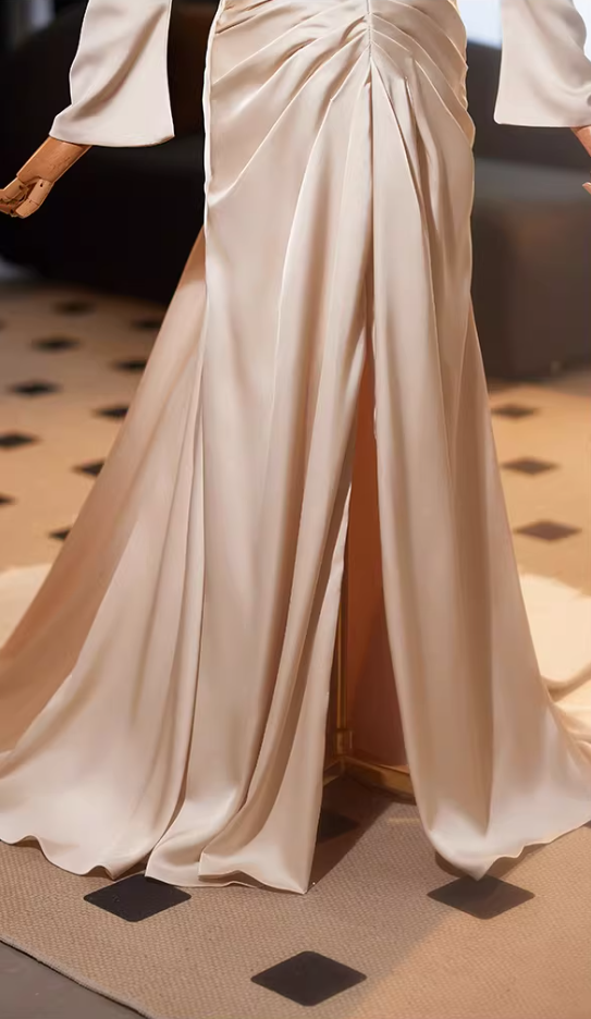 Pretty Off-Shoulder Sheath High-Slit Evening Gowns Long Sleeve Pleated Satin Prom Dress AP5142