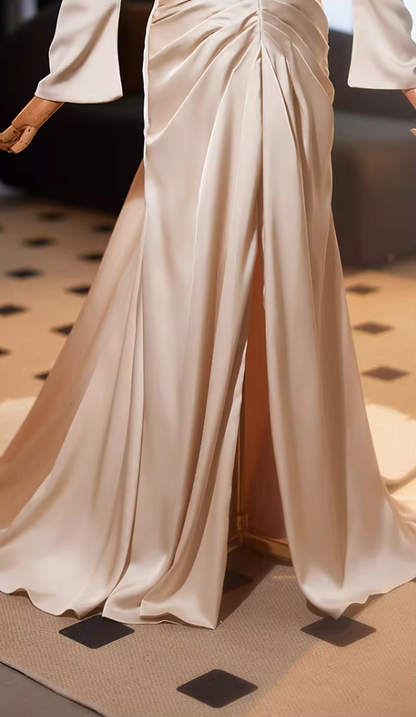 Pretty Off-Shoulder Sheath High-Slit Evening Gowns Long Sleeve Pleated Satin Prom Dress AP5142