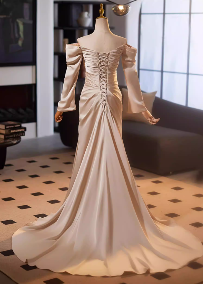 Pretty Off-Shoulder Sheath High-Slit Evening Gowns Long Sleeve Pleated Satin Prom Dress AP5142