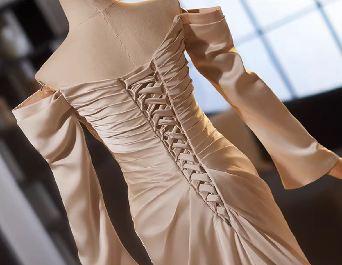 Pretty Off-Shoulder Sheath High-Slit Evening Gowns Long Sleeve Pleated Satin Prom Dress AP5142