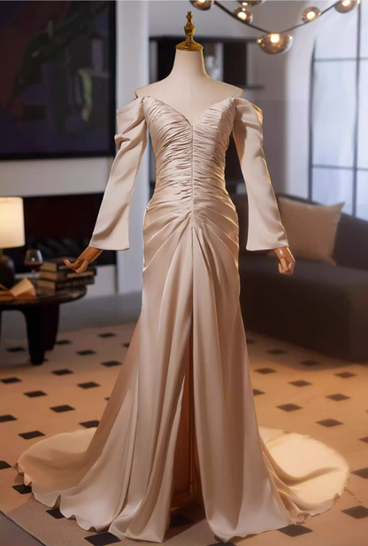Pretty Off-Shoulder Sheath High-Slit Evening Gowns Long Sleeve Pleated Satin Prom Dress AP5142