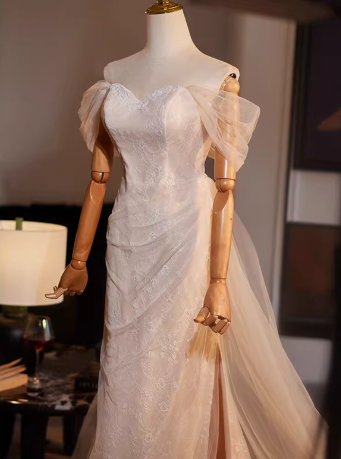 Fancy Off-Shoulder Mermaid High-Slit Bridal Gowns Lace Tulle Wedding Dress AP5143