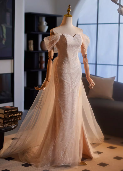 Fancy Off-Shoulder Mermaid High-Slit Bridal Gowns Lace Tulle Wedding Dress AP5143